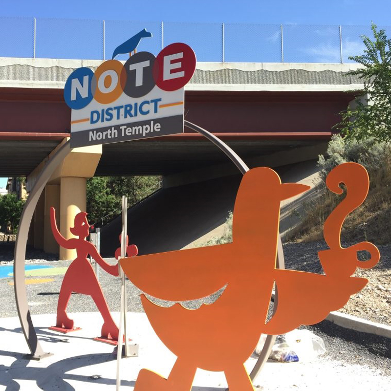 NoTe District North Temple sculpture installation at TRAX line station